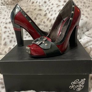 Naughty Monkey buckle heels size 6 Red and Black and chrome